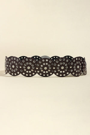 Disc-embellished belt in brown with silver eyelets and floral details.