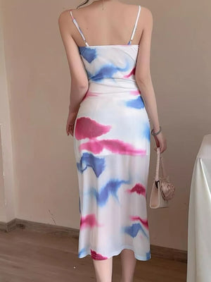 Abstract Watercolor Ruched Midi Dress in Green