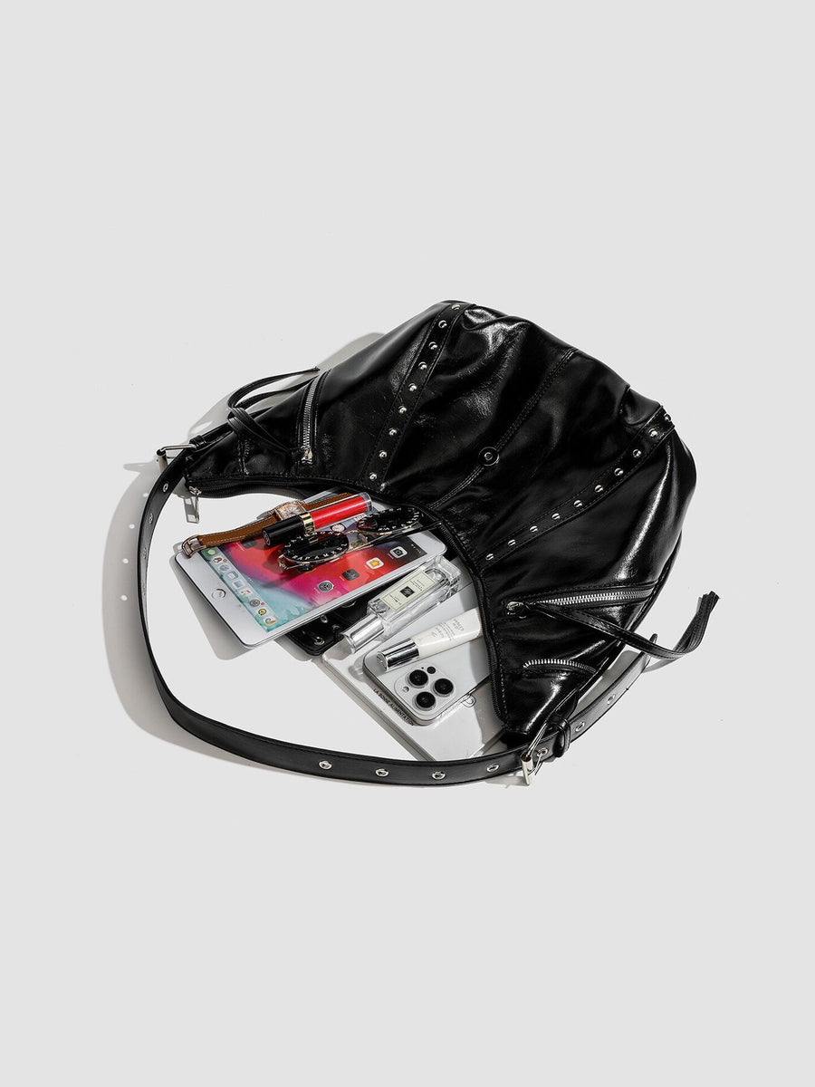 Studded Patent Leather Hobo Shoulder Bag in Black