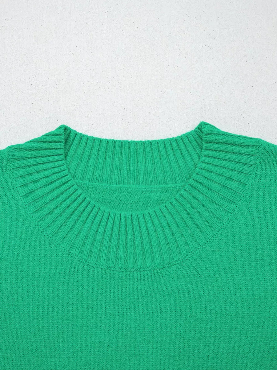 Green ribbed knit top with ruffled round neck