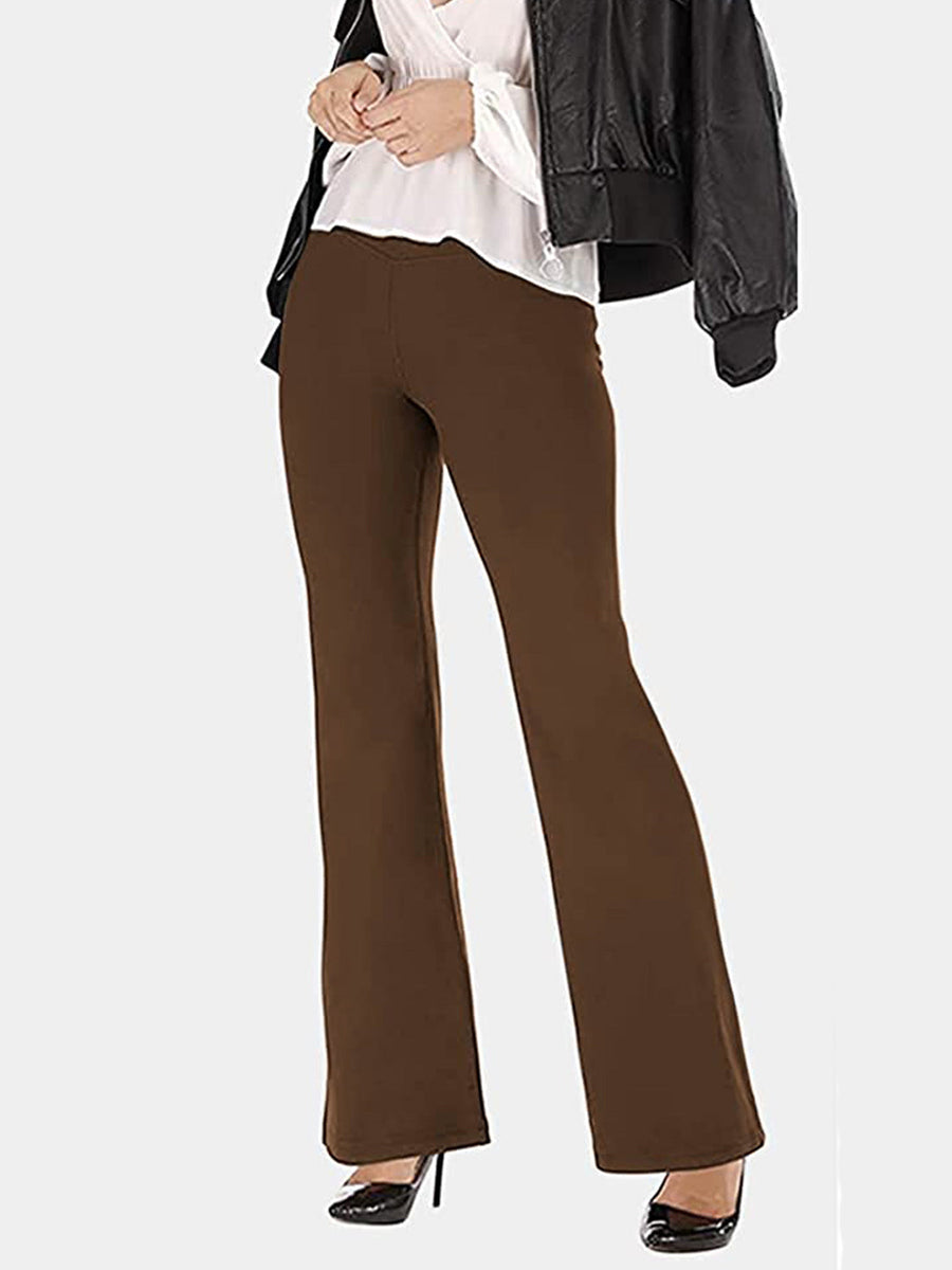 V-waist flare leggings in Coffee Brown, styled with a white top and black jacket.