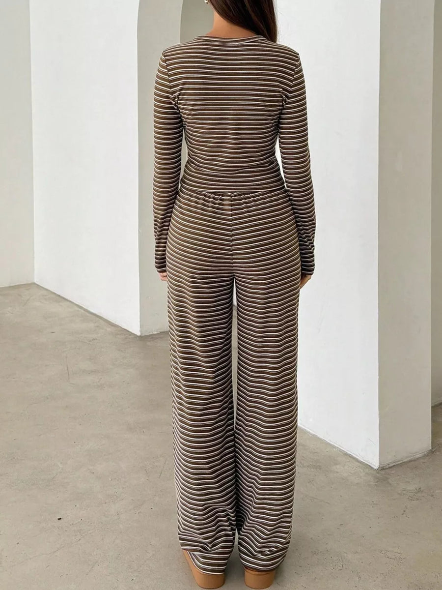 modern two-piece set in dark brown with crew neck