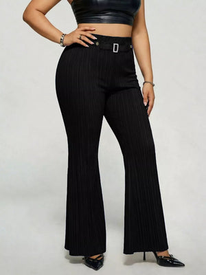 Black ribbed high-waist flare maternity trousers with a decorative buckle detail.