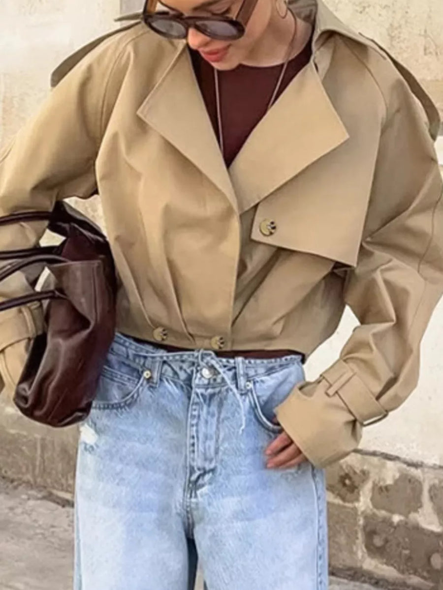 70% Polyester 30% T400 Care instructions: Machine wash cold trench coat in Khaki with relaxed silhouette
