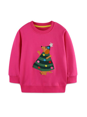 Children's hot pink cotton sweatshirt with Christmas tree applique dog and colorful polka dots.