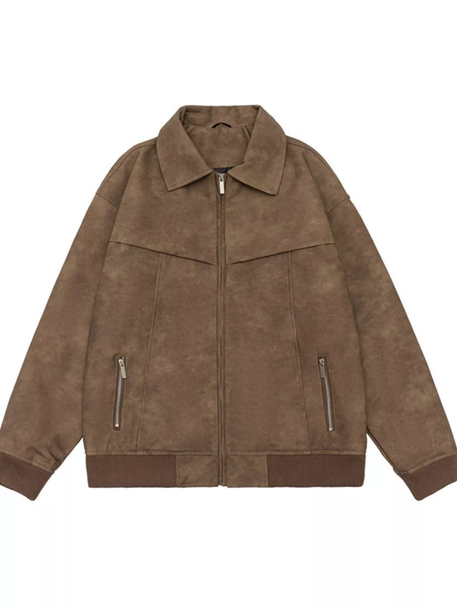 Brown suede bomber jacket with drop shoulders and zip pockets