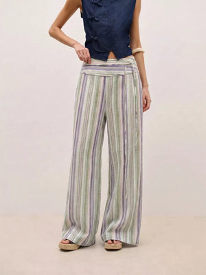 Blue with Striped Wide-leg Pants With Tie Waist