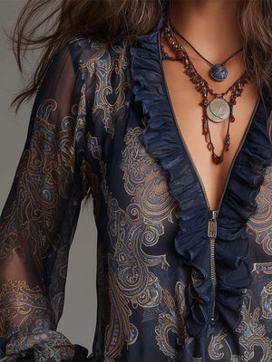 gold blouse featuring frill and paisley