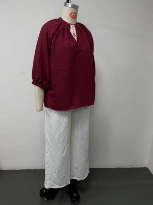 bohemian blouse and wide-leg pants set in Black with notched v-neck