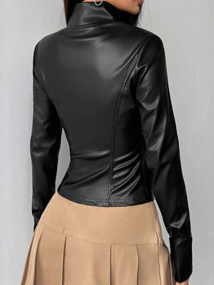 Black faux leather zip-up jacket with a high neck and form-fitting cut.