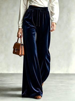 Velvet Wide-Leg Drawstring Pants in Pink with drawstring waist