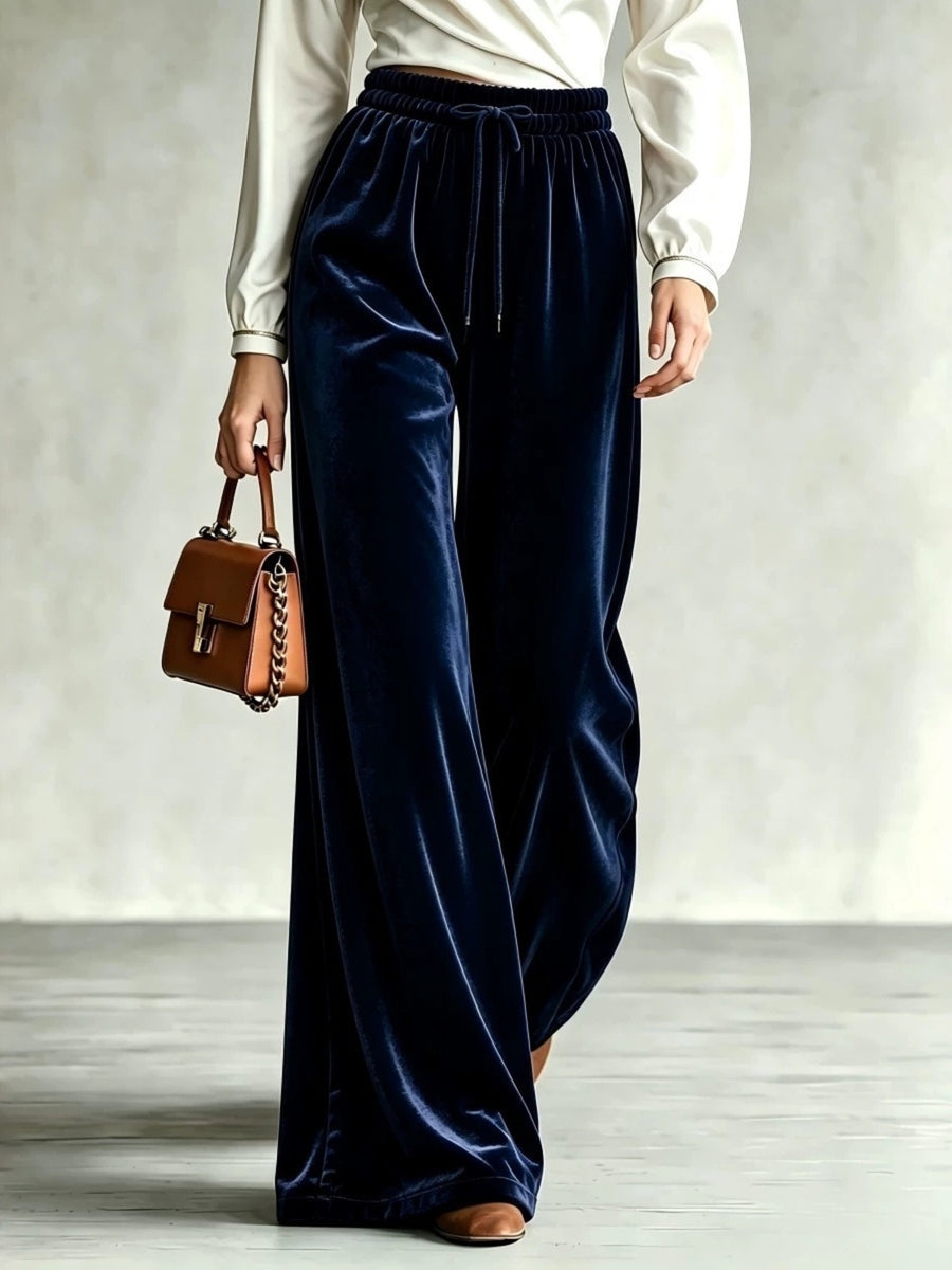 Velvet Wide-Leg Drawstring Pants in Pink with drawstring waist