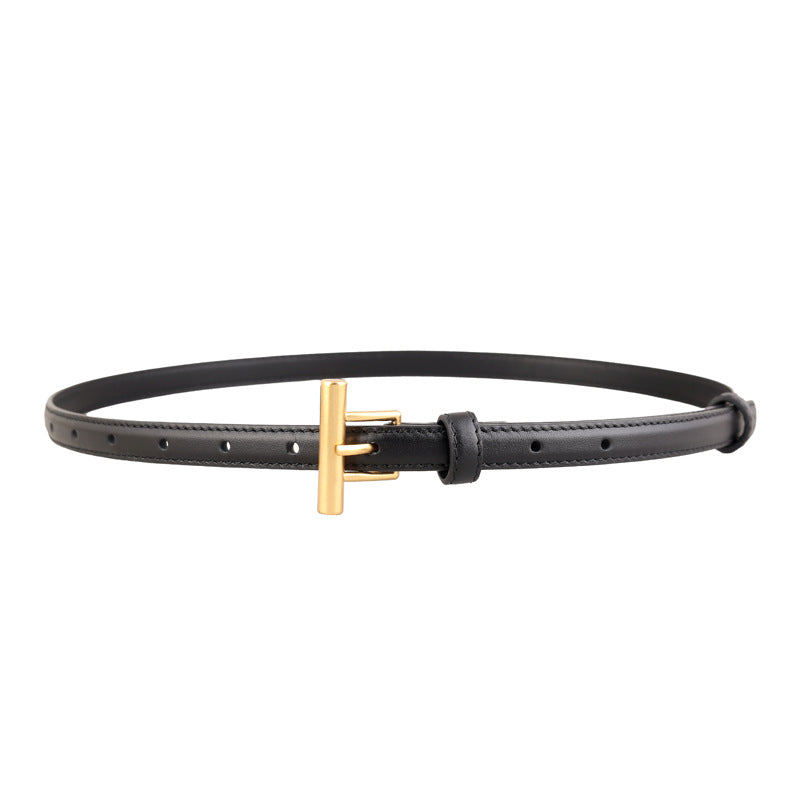 Black cowhide leather belt with gold T-buckle detail