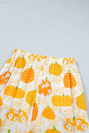 Short Sleeve Pumpkin Print Polka Dot Trim Lounge Set in Sherbet with buttoned