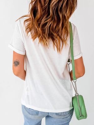 red t-shirt featuring cuffed sleeve and graphic-print