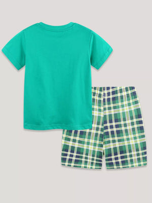 Toddler green cotton t-shirt and plaid shorts set.