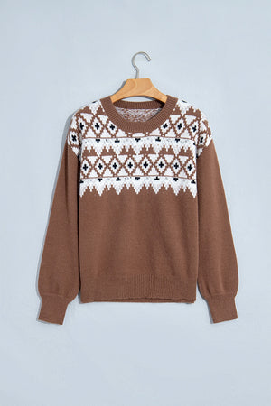 pullover sweater in ivory with geometric and drop shoulder
