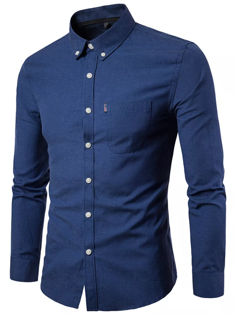 Men's navy blue cotton button-down shirt with pocket and white buttons