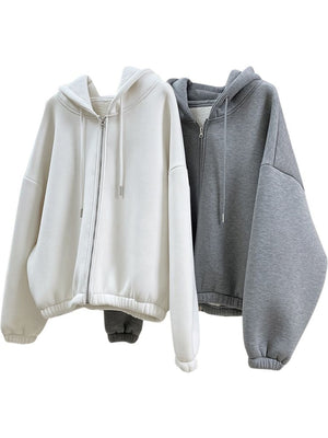 cream zip hoodie with hip-length and zip-front