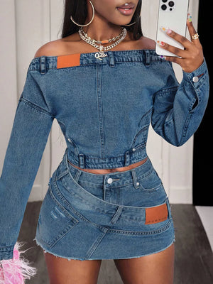 modern off-shoulder top in medium blue with off-shoulder