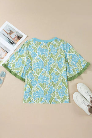 Floral ruffled half sleeve maternity blouse with blue and green floral print