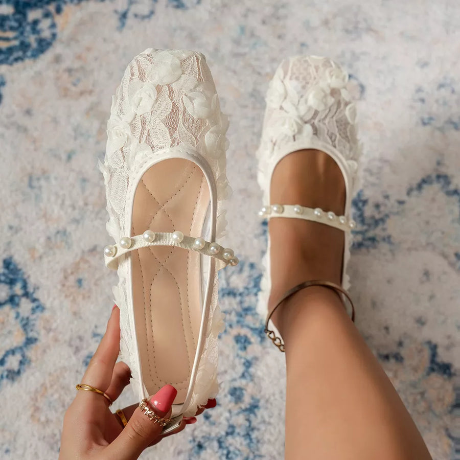 flats in Black with floral and square toe