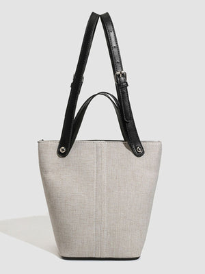 Canvas Bucket Handbag Tote Bag With Leather Straps in Light Gray with adjustable strap