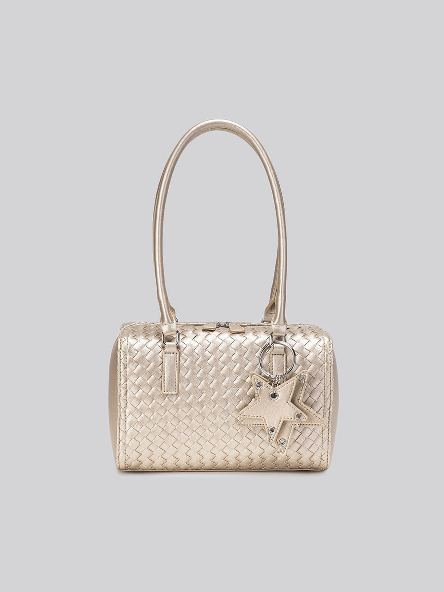 handbag featuring woven texture in Champagne with PU Leather Imported Size & texture