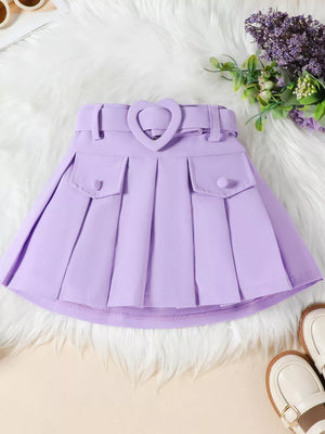 Purple pleated skirt with heart buckle belt and button flap pockets