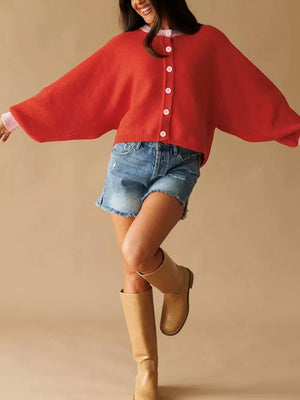 Red relaxed cardigan with round neck
