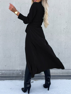 Black long sleeve belted maxi dress with high neckline