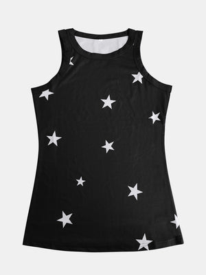 Black ribbed tank top with white star print and scoop neck