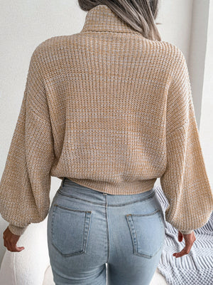 Relaxed Turtleneck Dropped Shoulder Sweater in Caramel with waffle-knit