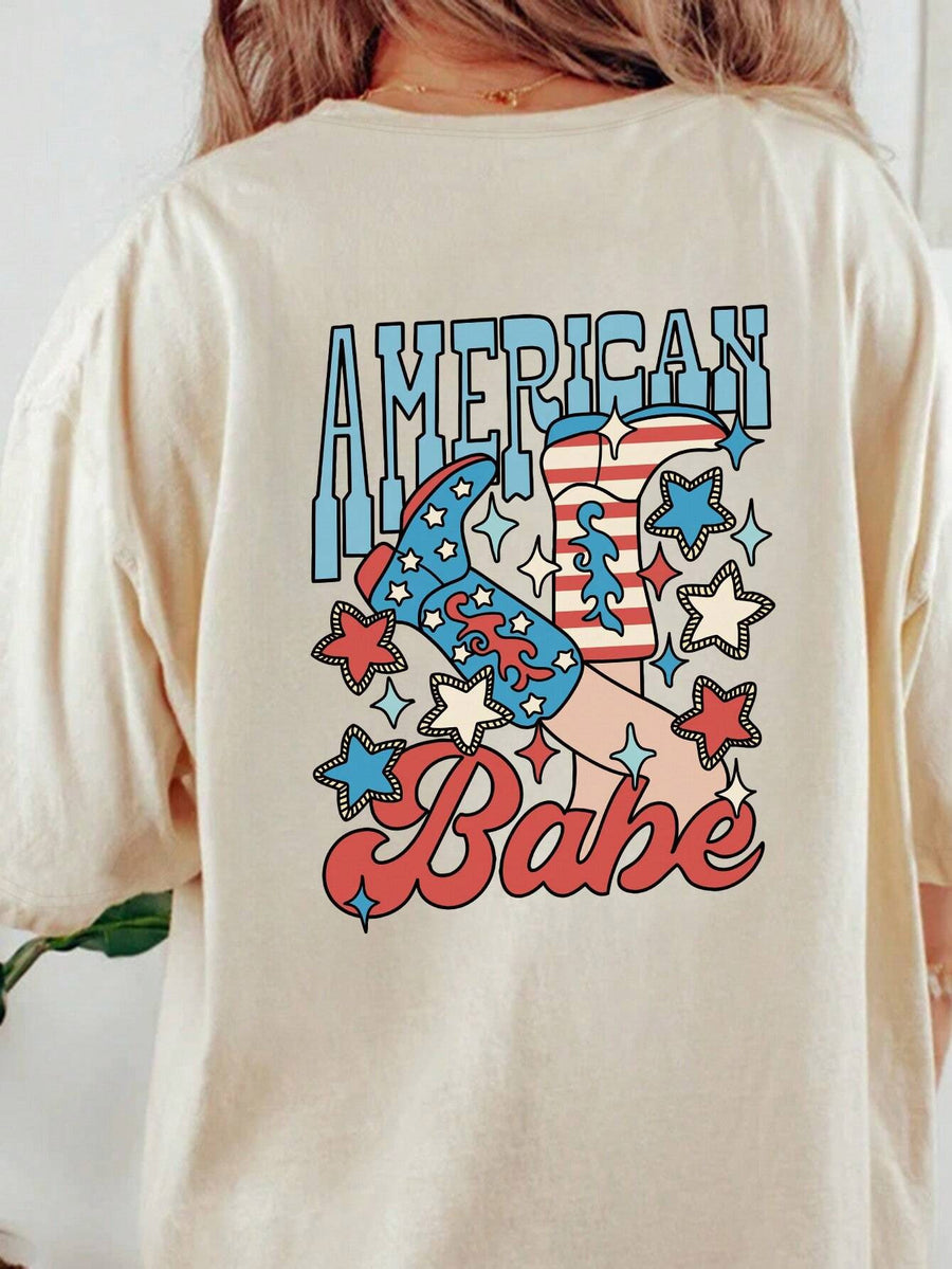 Tan graphic t-shirt with American Babe cowboy boot and star design