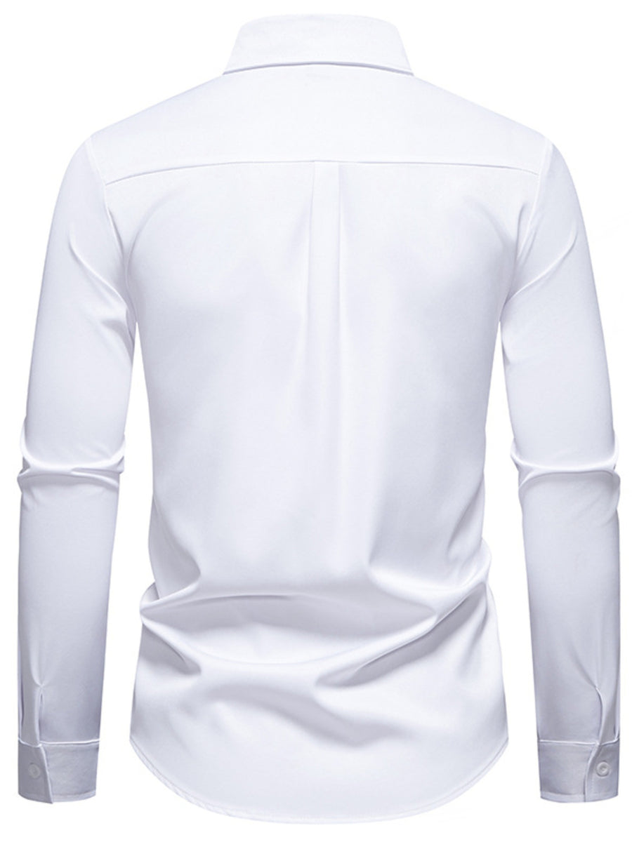 Men's white long sleeve button-down cotton undershirt with a classic collar.