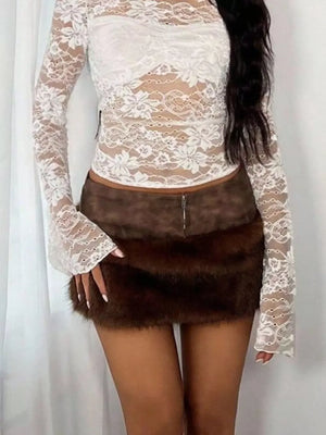 Brown with Faux Fur Trim Mini Skirt in Brown