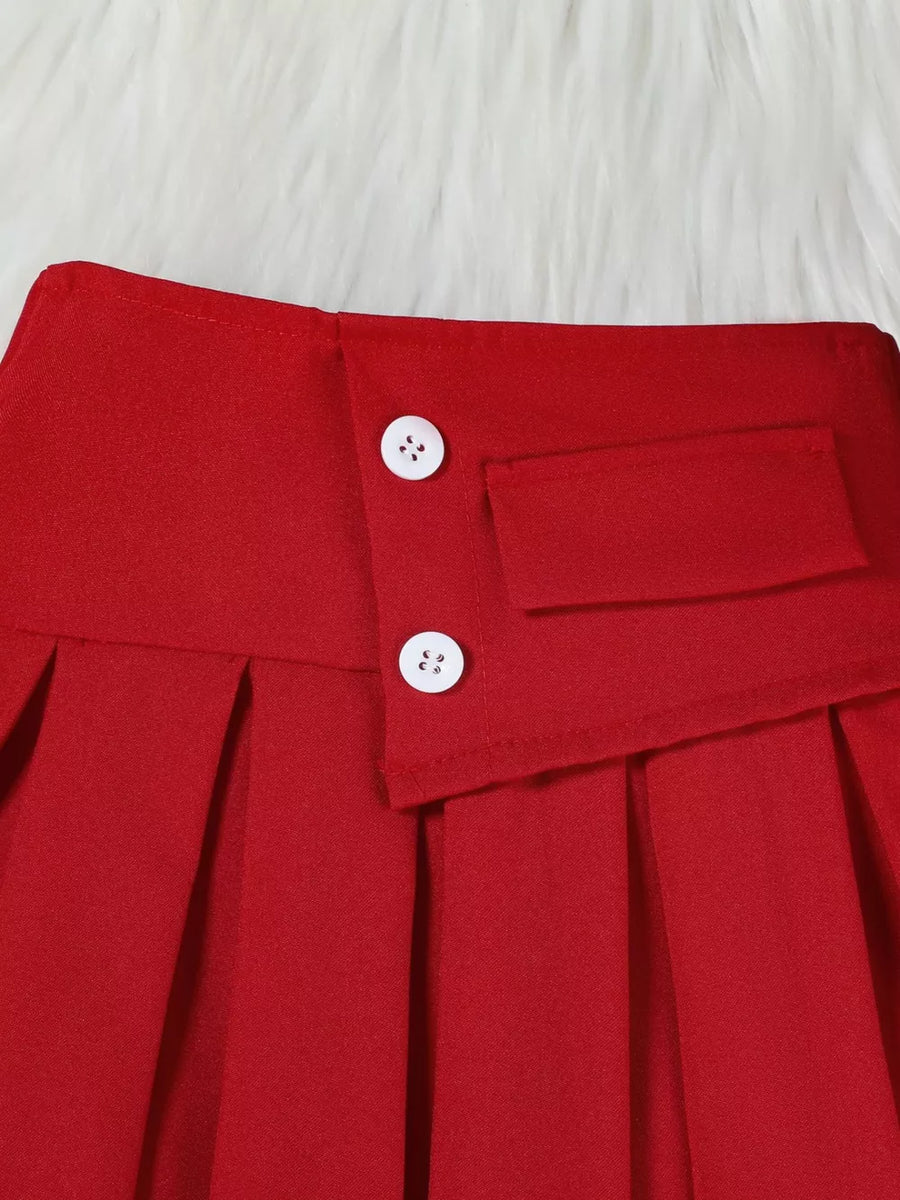 Wine red pleated skirt with decorative buttons and pocket detail