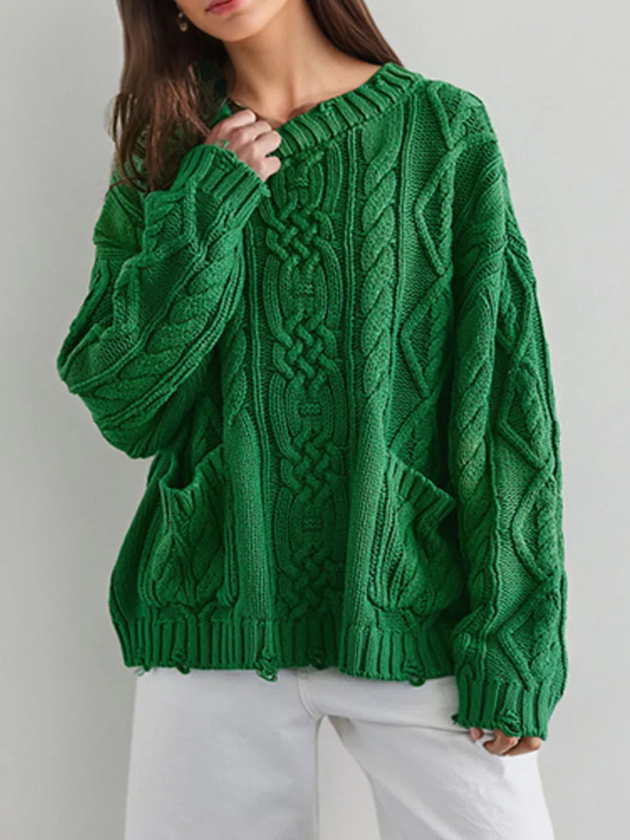Khaki pullover sweater featuring cable knit and cable knit