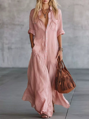 Button Front Roll-up Sleeve Maxi Dress Plus Size in Burgundy