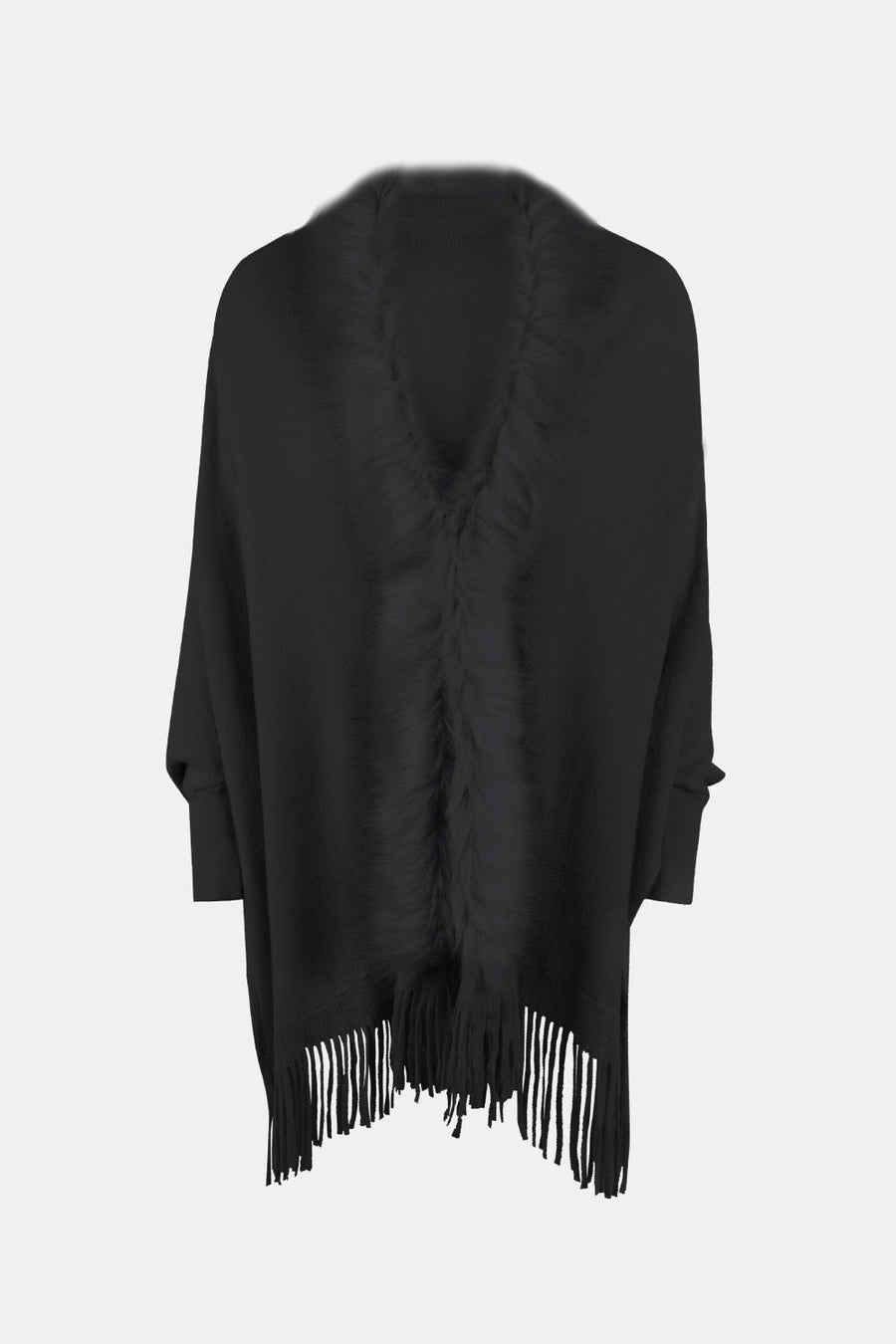 Black faux fur trimmed fringe cape with a V-neck and wide sleeves.