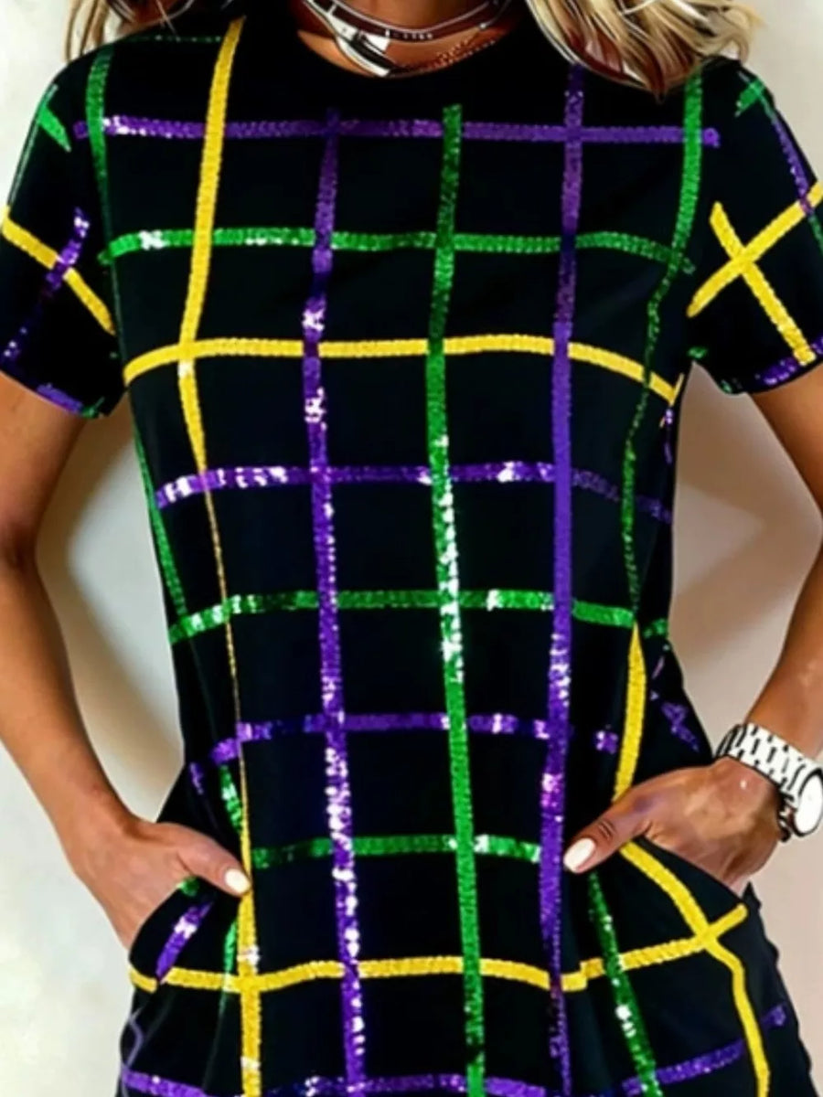 Multicolor with Full Size Plaid Short Sleeve Mini Dress