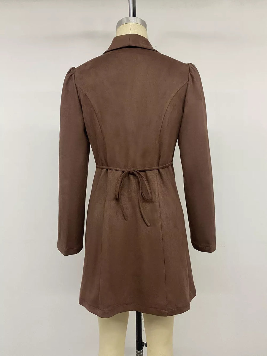 Coffee Brown A-line shirt dress with notch lapel