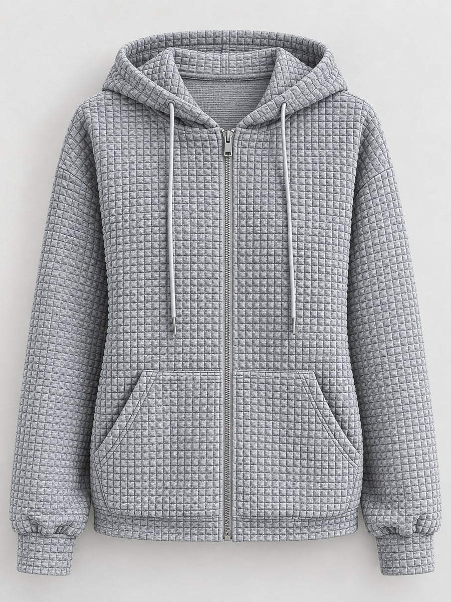 Waffle Knit Zip-Up Hoodie With Drawstring in Khaki with zipper