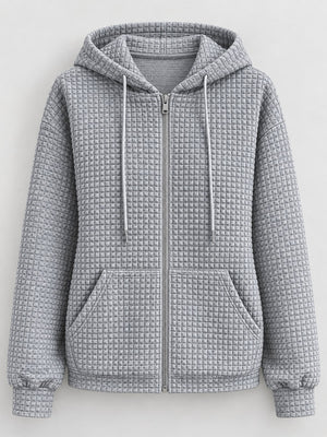 Waffle Knit Zip-Up Hoodie With Drawstring in Khaki with zipper