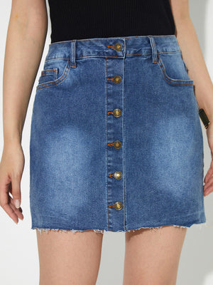 Button-front denim mini skirt in medium wash with raw hem