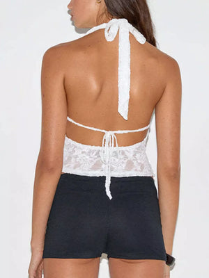 White floral lace halter cami with tie back detail and cropped length.