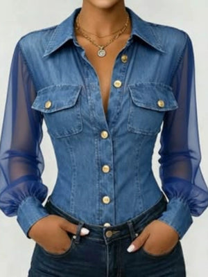 button-up shirt in medium blue featuring buttoned and fitted fit