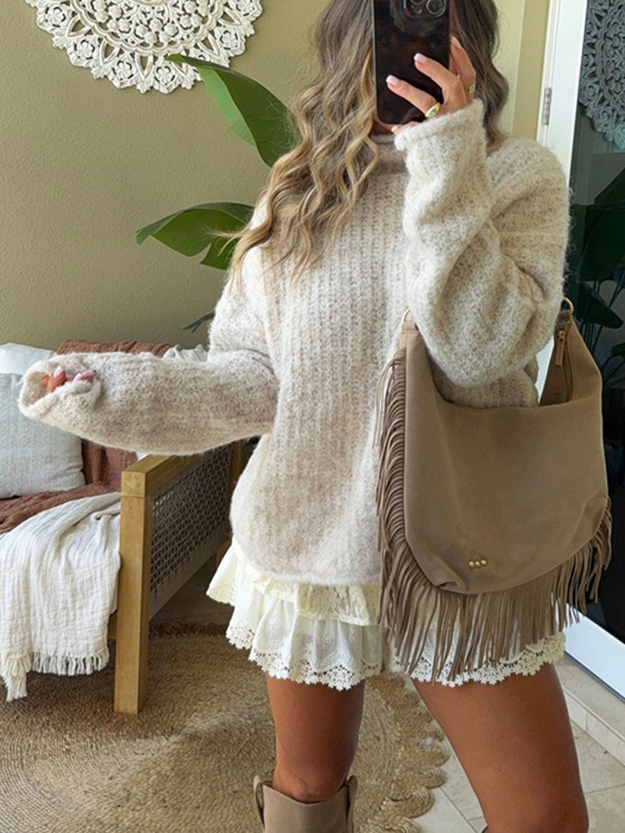 100% polyester Care instructions: Machine wash cold mock neck sweater in Beige with oversized silhouette