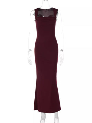 Wine red bodycon maxi dress with square neckline and sheer detail