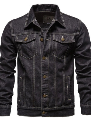 Dark wash denim trucker jacket with classic fit and button closure.